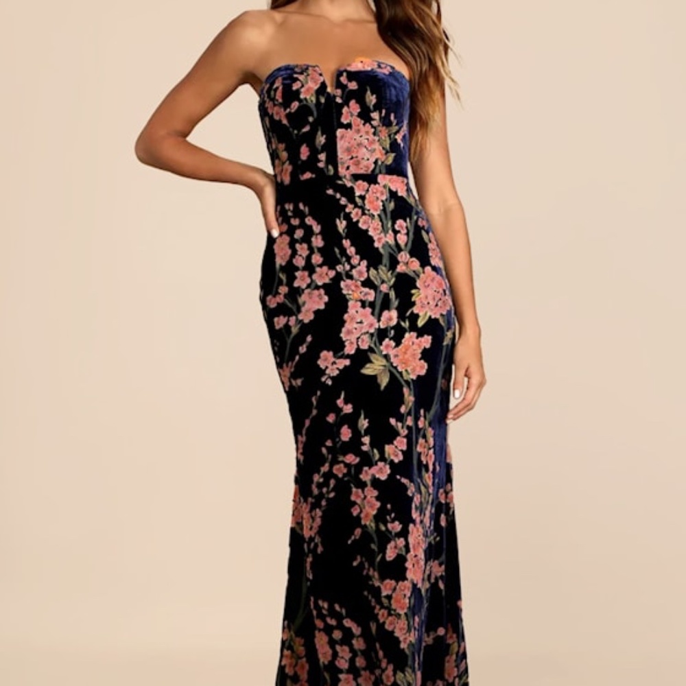 Lulus Bloom In Mind Navy Blue Floral Print Velvet Strapless Maxi Dress - Size S